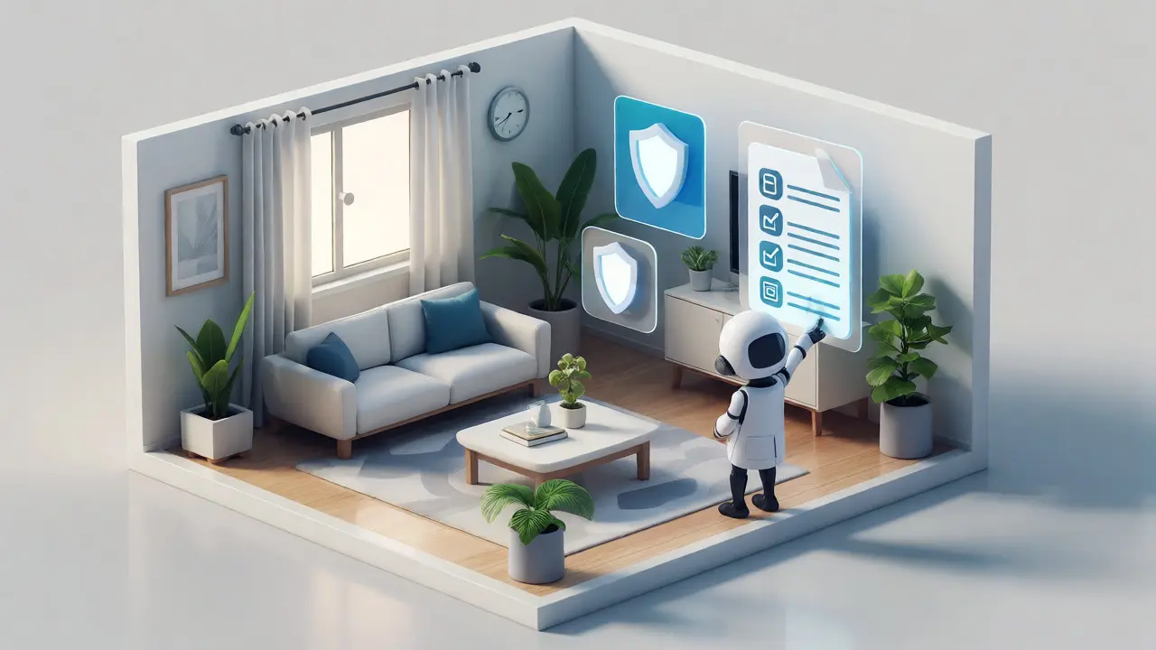 Isometrische Darstellung einer Wohnung mit schwebenden Icons für Versicherung und Recht