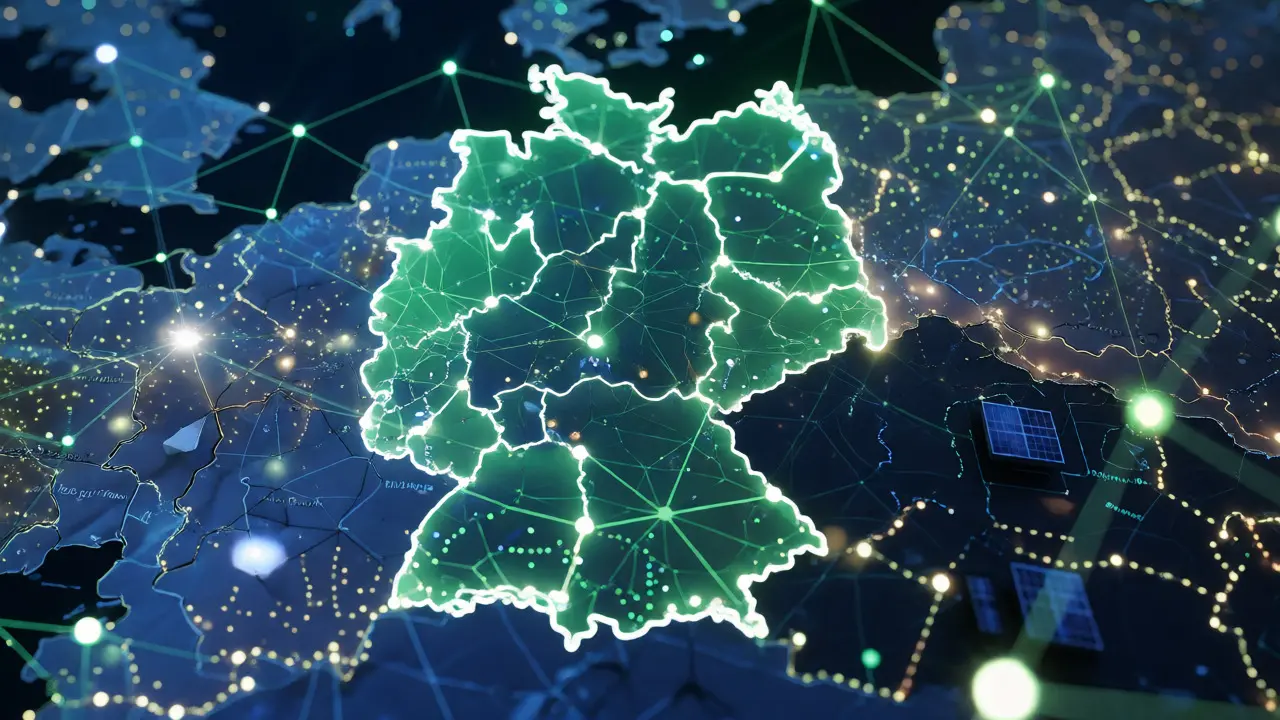 KI-Netzwerk über Deutschlandkarte mit Fokus auf Stadt und Land