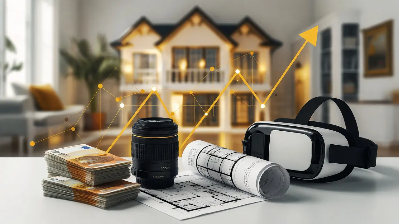 Konzeptdarstellung von Immobilienmarketing-Kosten und Rendite durch Kamera, Plan und VR-Brille.