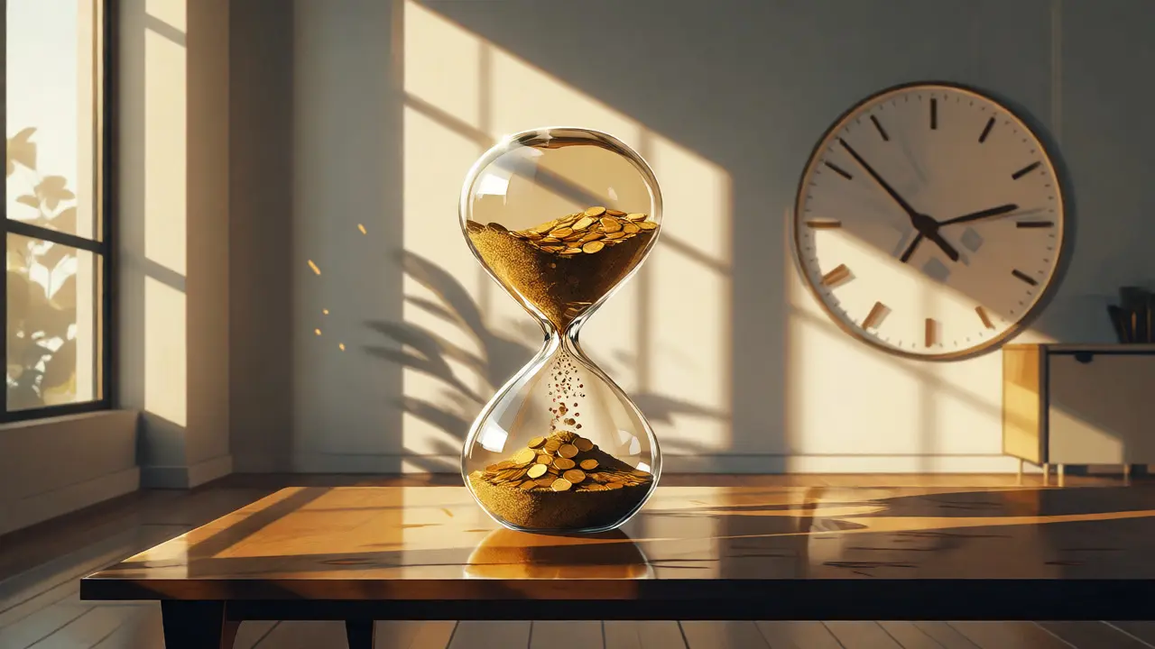 Konzeptionelle Darstellung einer Sanduhr aus Goldmünzen auf einem modernen Tisch im Sonnenlicht.