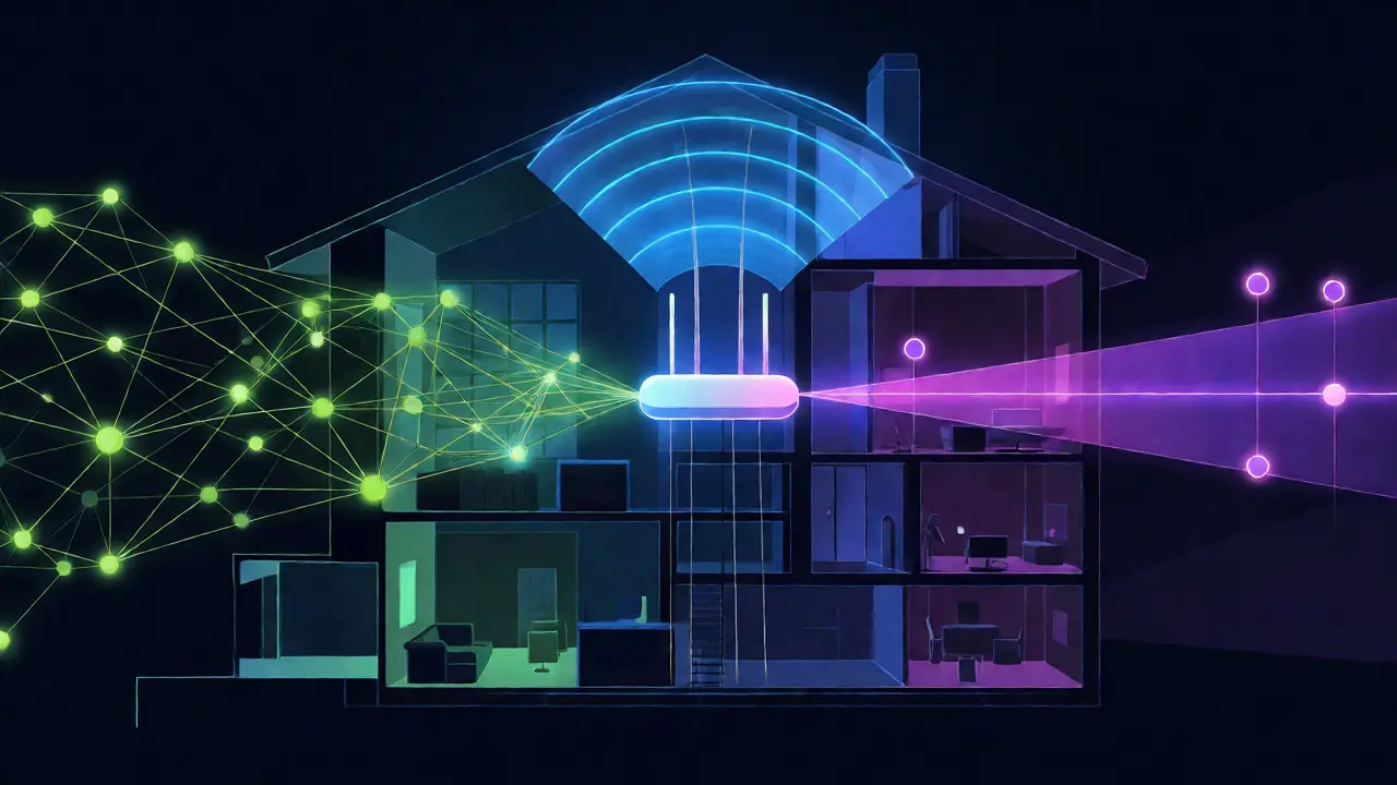 Konzeptionelle Darstellung von Zigbee-, WLAN- und Z-Wave-Signalen im Haus