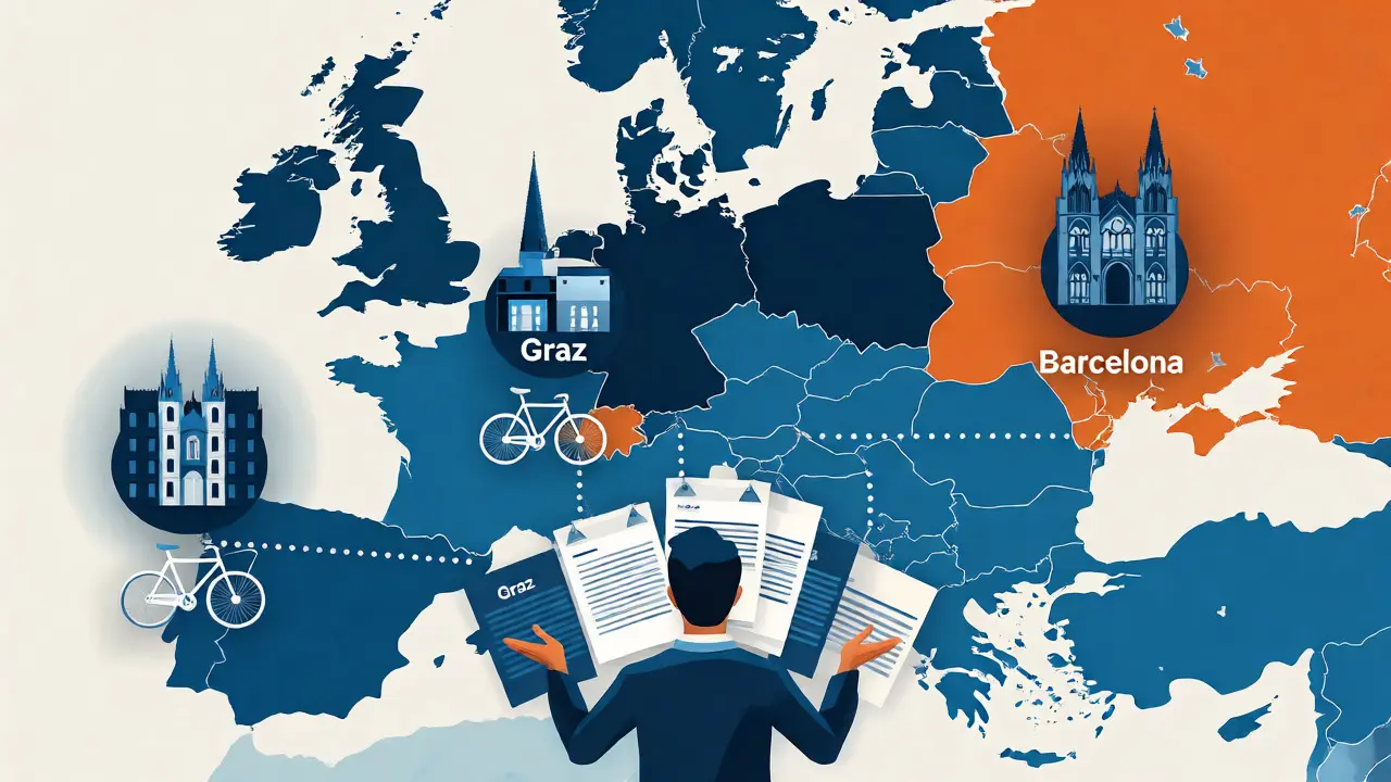Konzeptuelle Karte Europas mit Symbolen für Regulierungen in verschiedenen Städten
