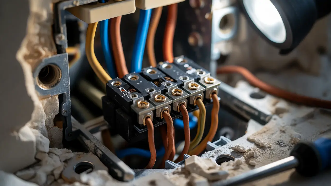 Makroaufnahme einer geöffneten Schalterdose mit Smart-Relay und Verkabelung
