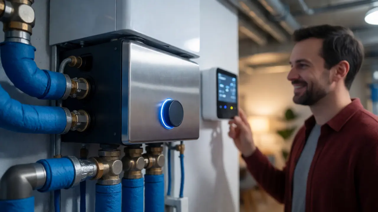 Moderne Wärmepumpe im Keller eines Eigenheims als Anschluss an das Quartiersnetz