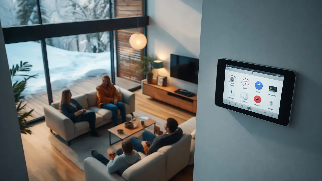 Modernes Wohnzimmer mit Smart Home Steuerung und Winterblick