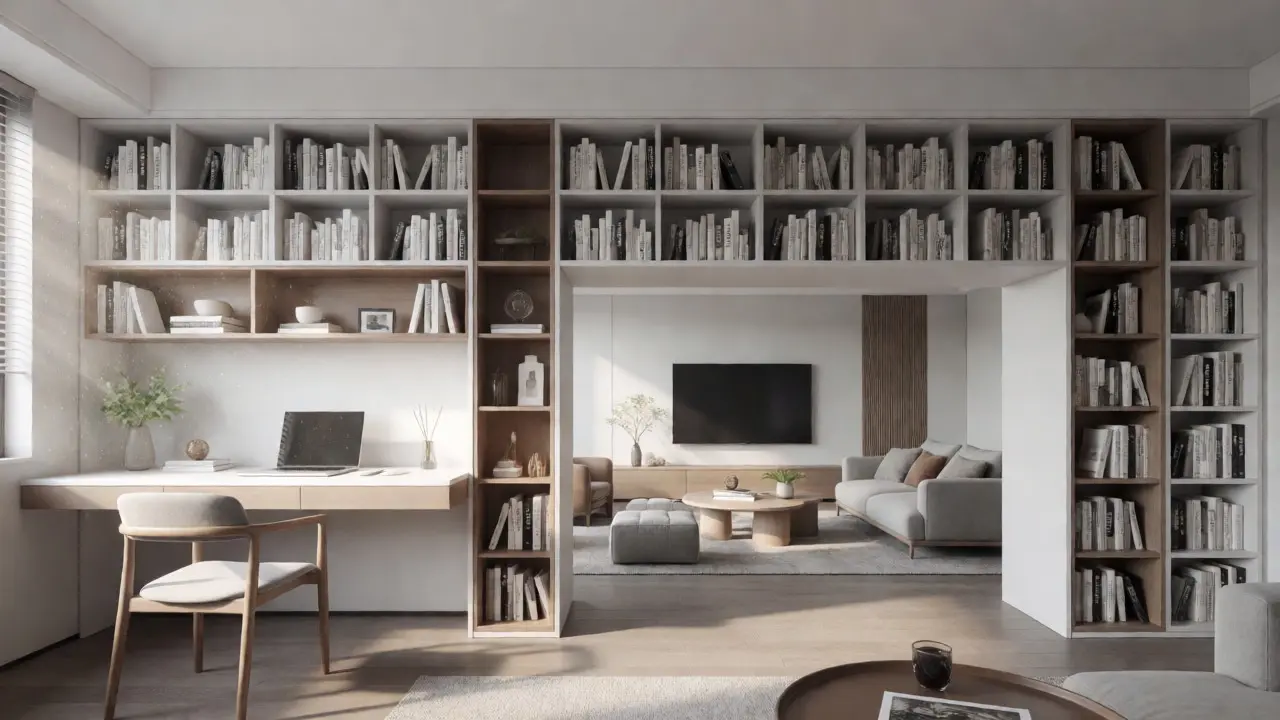 Multifunktionales Wohnraumkonzept mit Bücherregal als Raumteiler und integriertem Arbeitsplatz