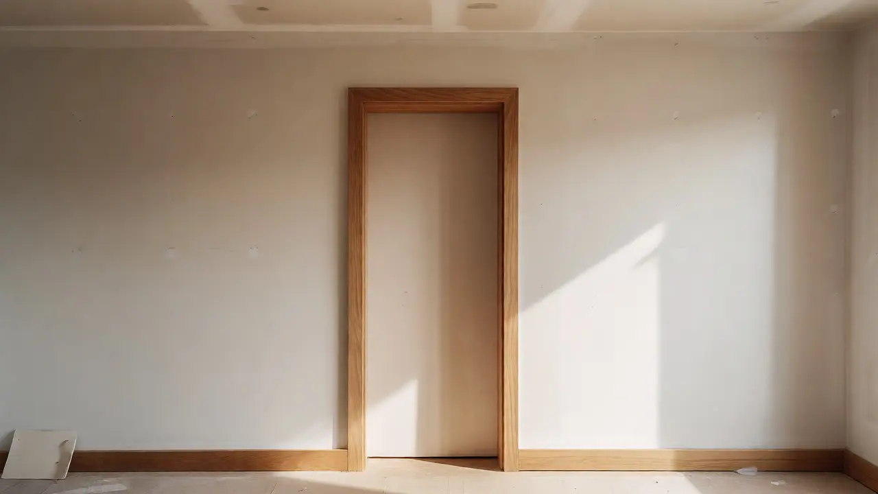 Neu installierte Holztür mit perfekter Einpassung in die Wand.