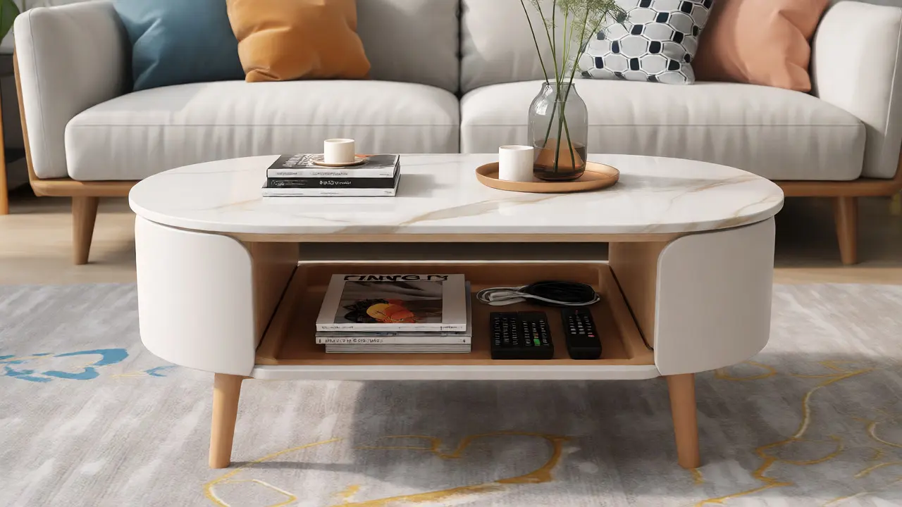 Ovaler Couchtisch mit integriertem Stauraum