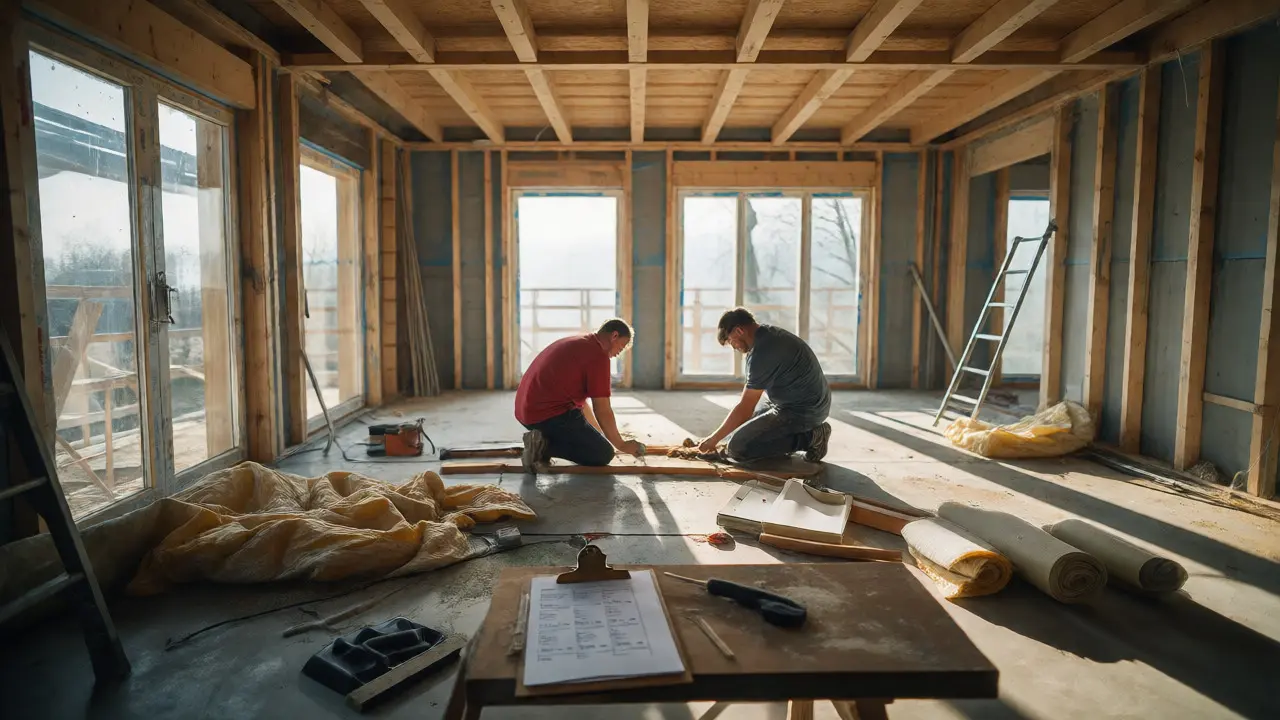 Paar verlegt Bodenbeläge in einem unfertigen Haus mit Baumaterialien.