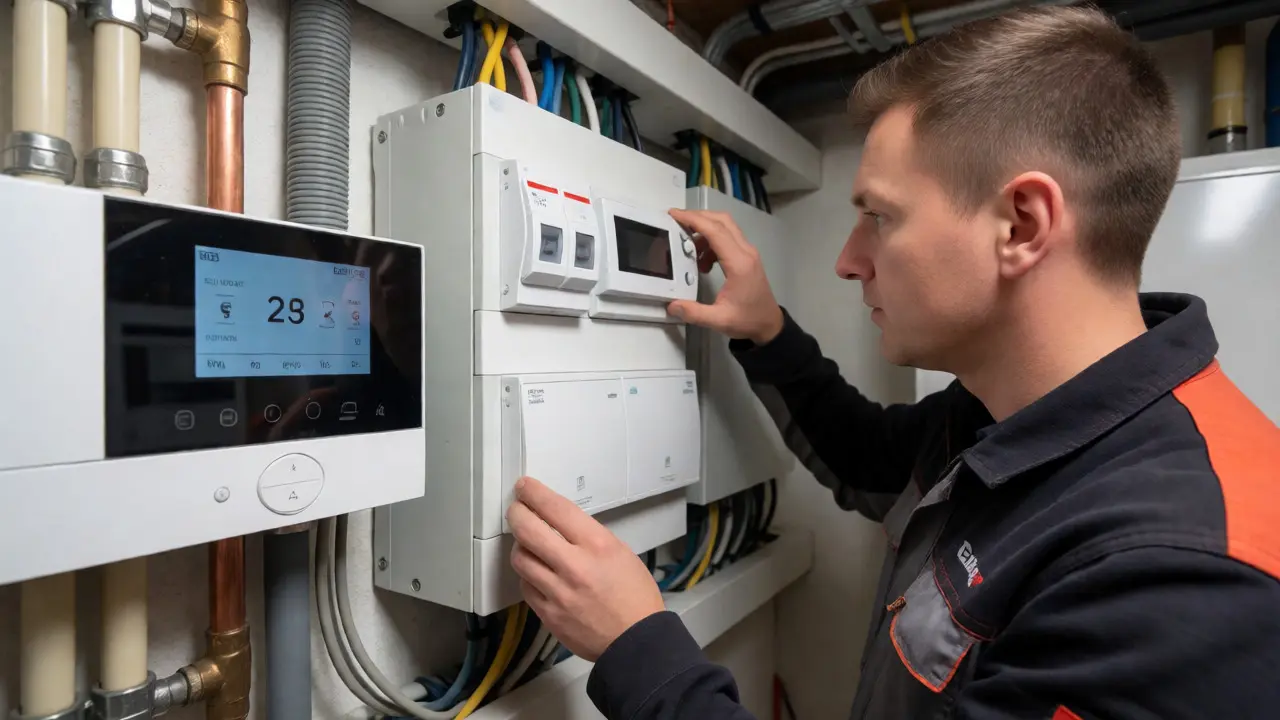 Techniker prüft neue Elektroverteilung und Heizungssteuerung im Keller