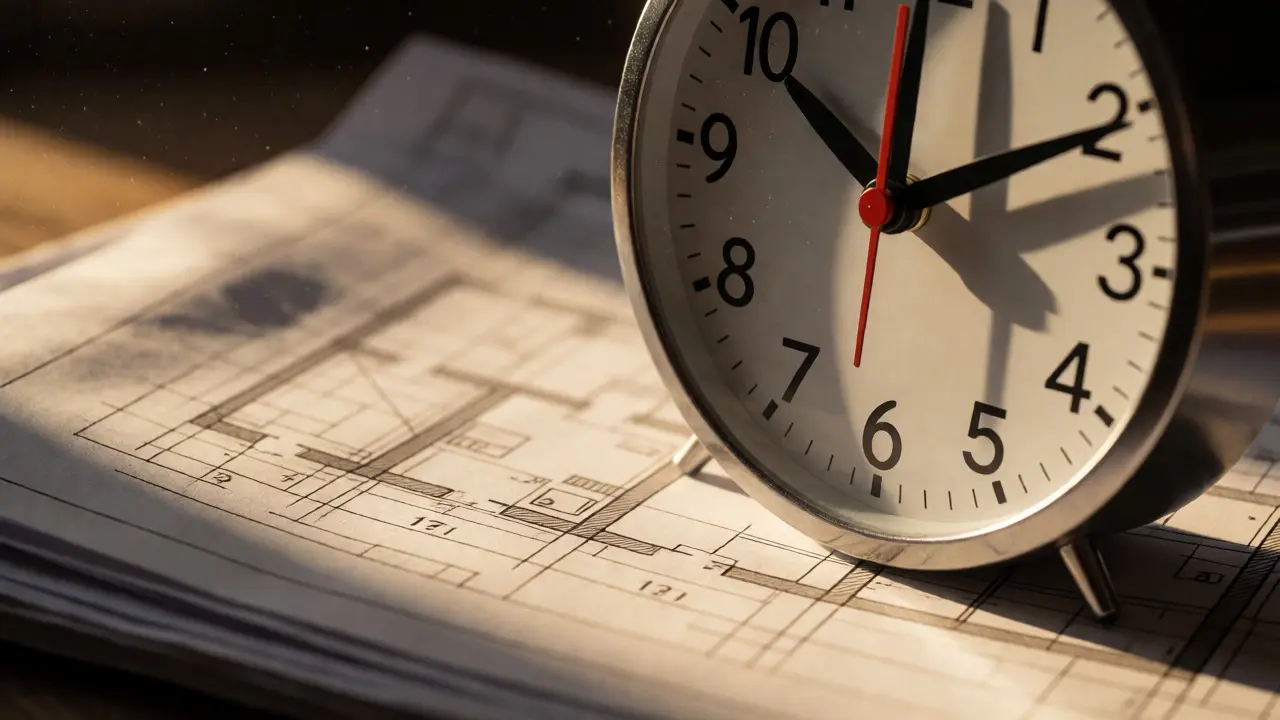 Uhr auf Bauplänen und Genehmigungen im dramatischen Licht