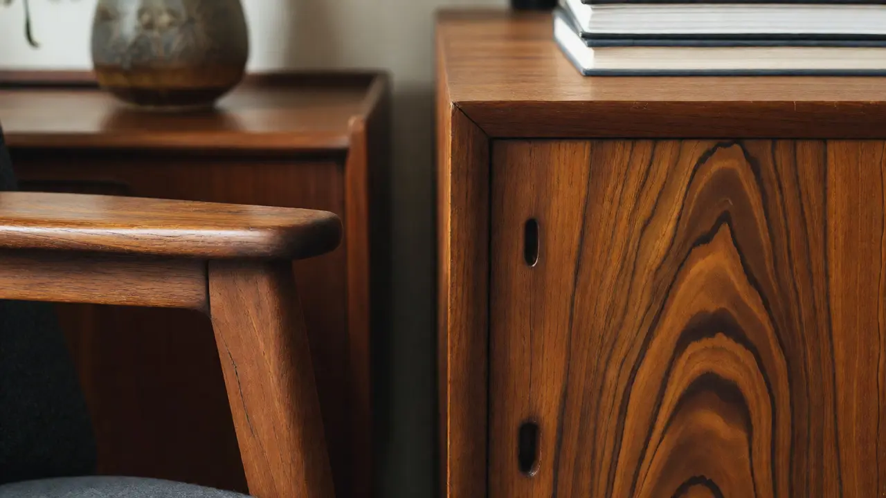 Detailaufnahme von Teak- und Walnussholzoberflächen mit natürlicher Maserung