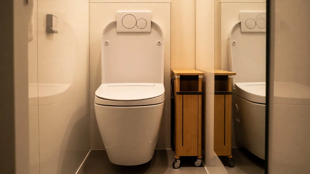 Dusch-WC und schmaler Rollcontainer als platzsparende Lösung im kleinen Bad