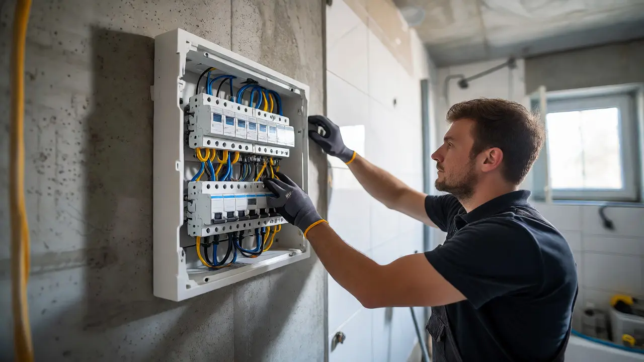Elektriker prüft den Sicherungskasten mit FI-Schutzschaltern bei einer Sanierung