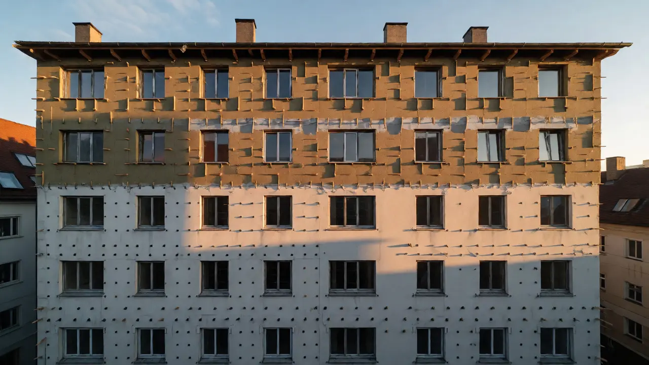Fassade eines Gebäudes mit montierten Dämmplatten und korrektem Versatz der Fugen.