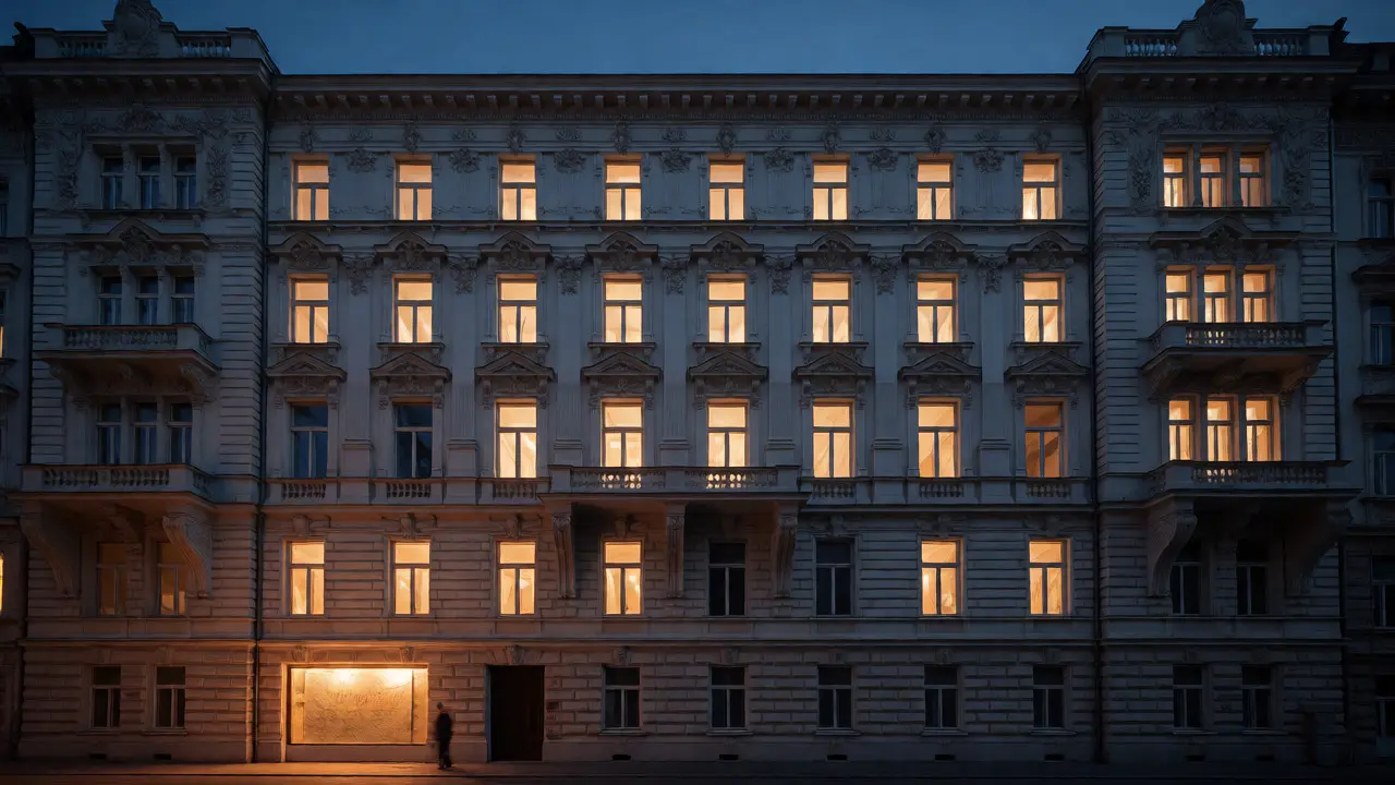 Fassade eines renovierten Altbaus in Wien bei Dämmerung mit beleuchteten Fenstern.