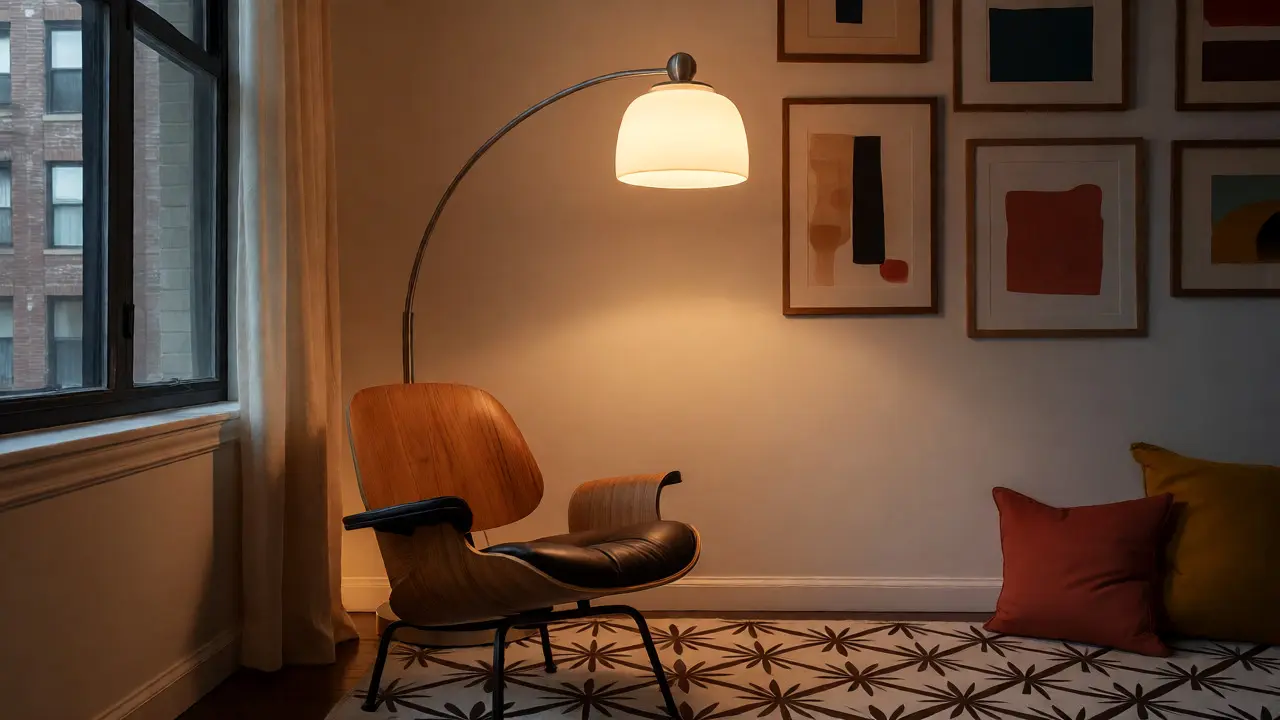 Gemütliche Leseecke mit Arc-Lampe und Eames-Sessel im Retro-Stil