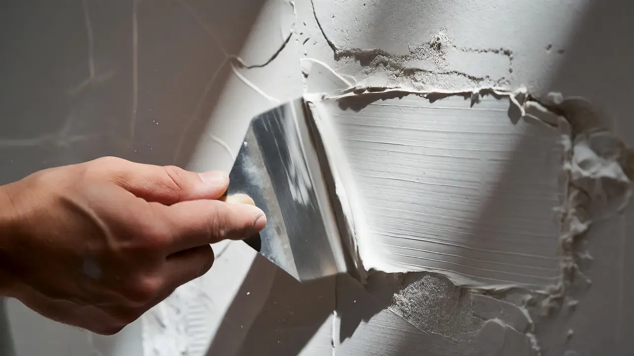 Hand glättet frischen Spachtel auf einer Wand mit einem breiten Spachtel.