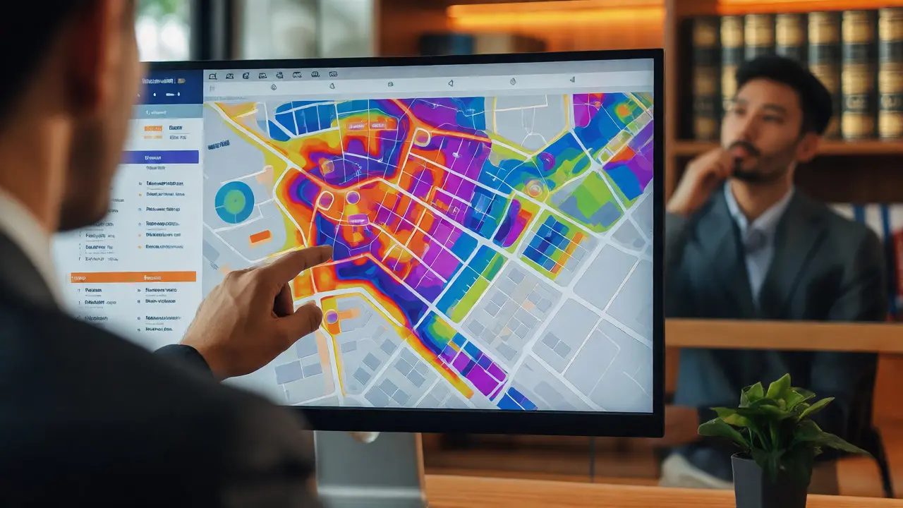 Immobilienexperte analysiert digitale Lagekarte am Bildschirm