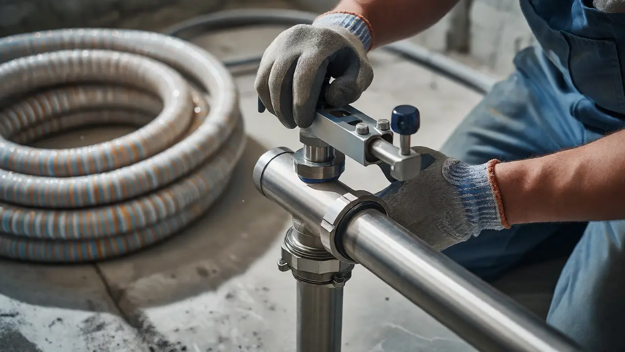 Installateur verbindet ein Edelstahlrohr mit Presswerkzeug