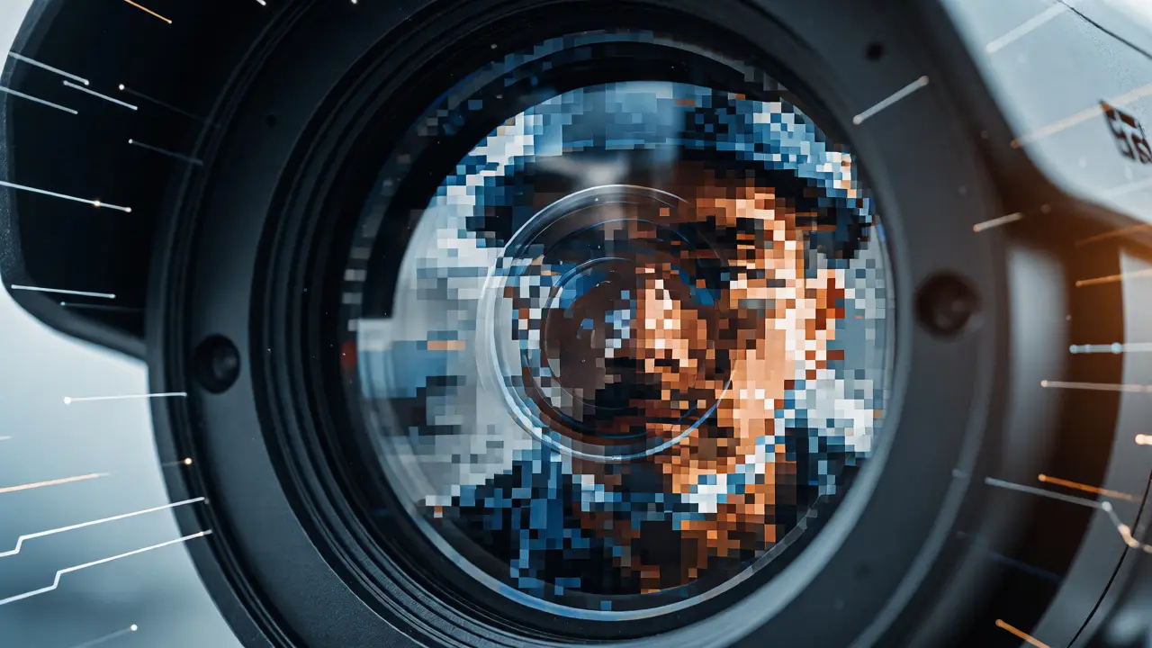 Kameraobjektiv mit pixelierter Spiegelung eines Gesichts zur Anonymisierung.