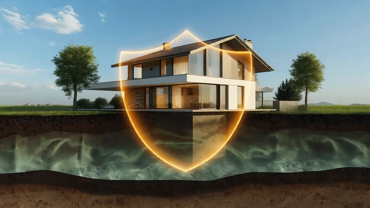 Konzeptdarstellung eines Hauses über belastetem Erdreich mit Schutzsymbolik