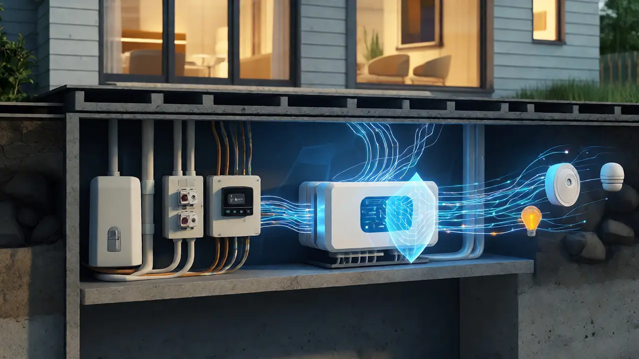 Lokale Steuerzentrale eines Smart Home Systems im Keller mit digitalen Datenverbindungen