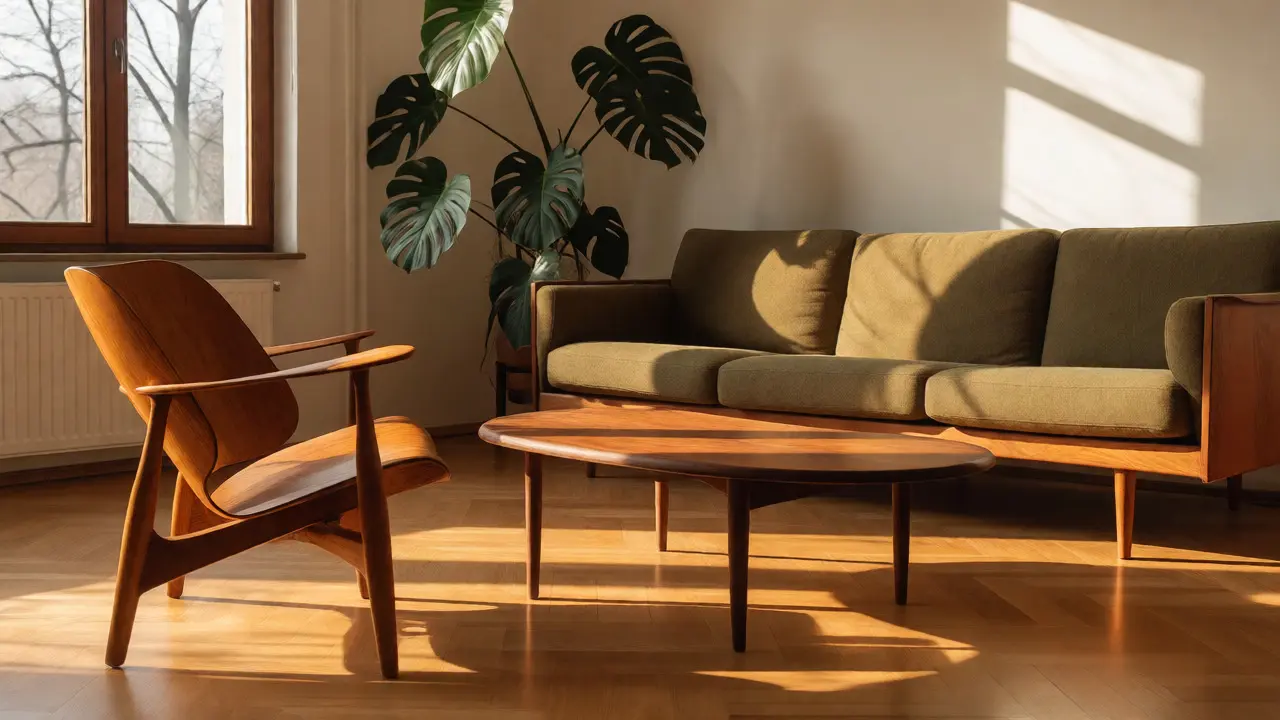 Mid-Century-Design im Wohnzimmer: Ikonische Formen & warme Hölzer