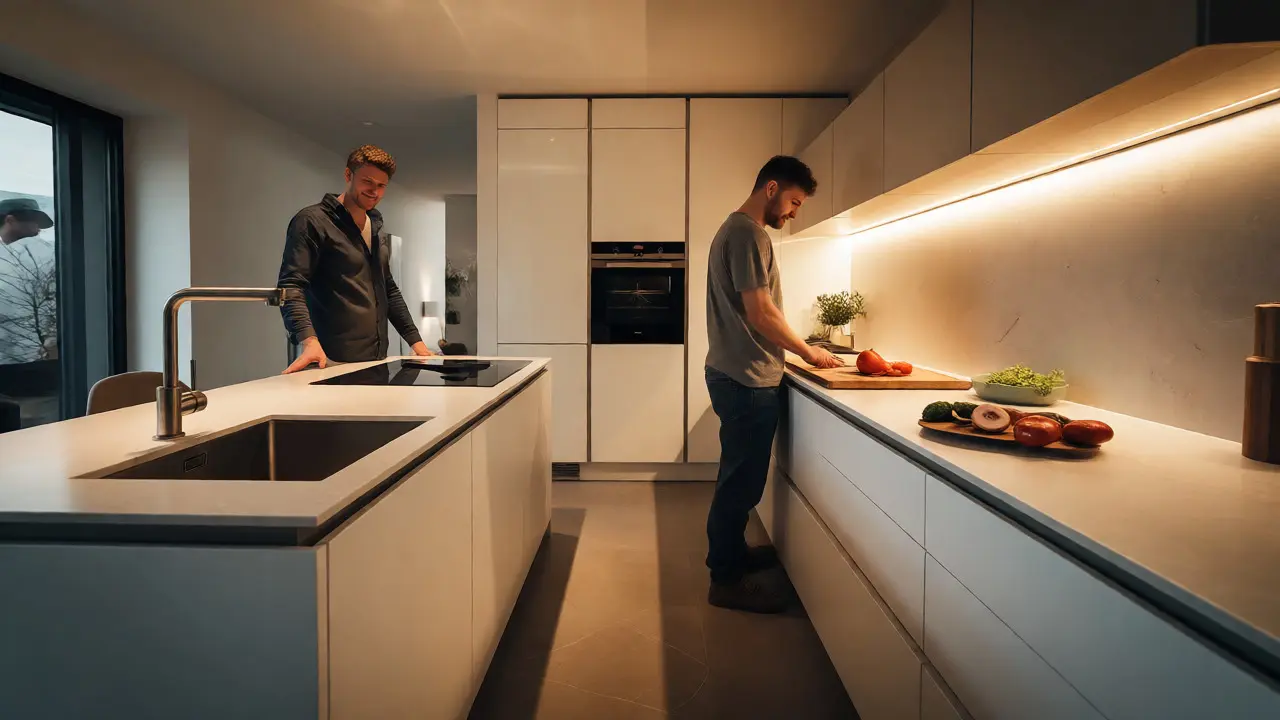 Moderne Küche mit gestaffelter Arbeitsplatte für Spül- und Kochzone