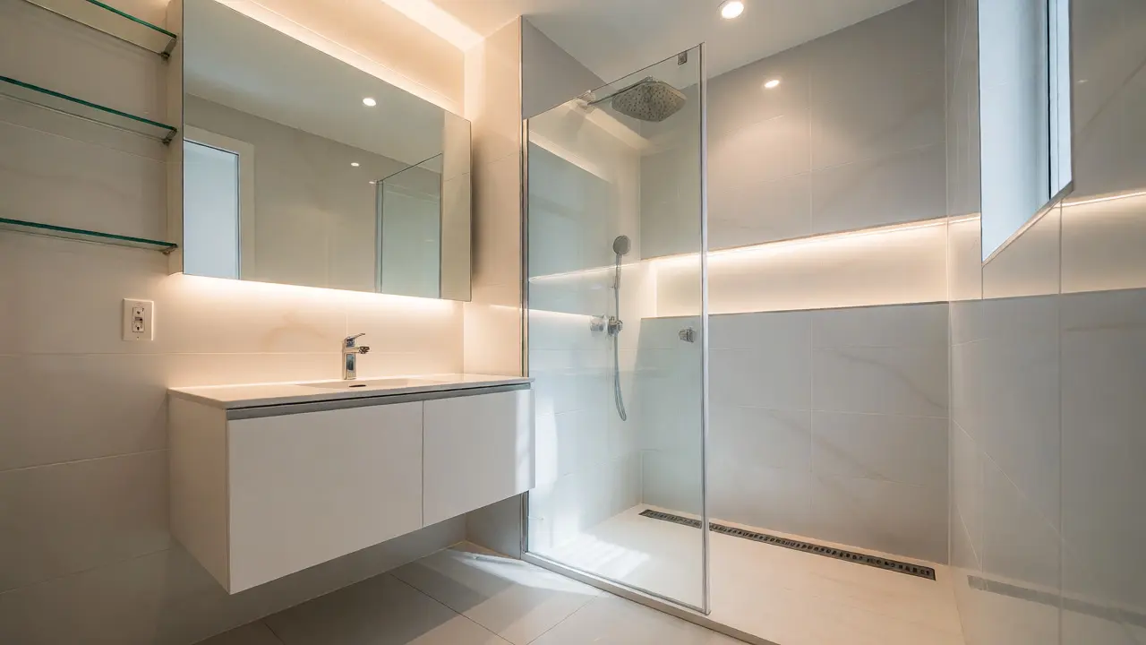Modernes kleines Bad mit wandhängendem Waschbecken und bodengleicher Dusche