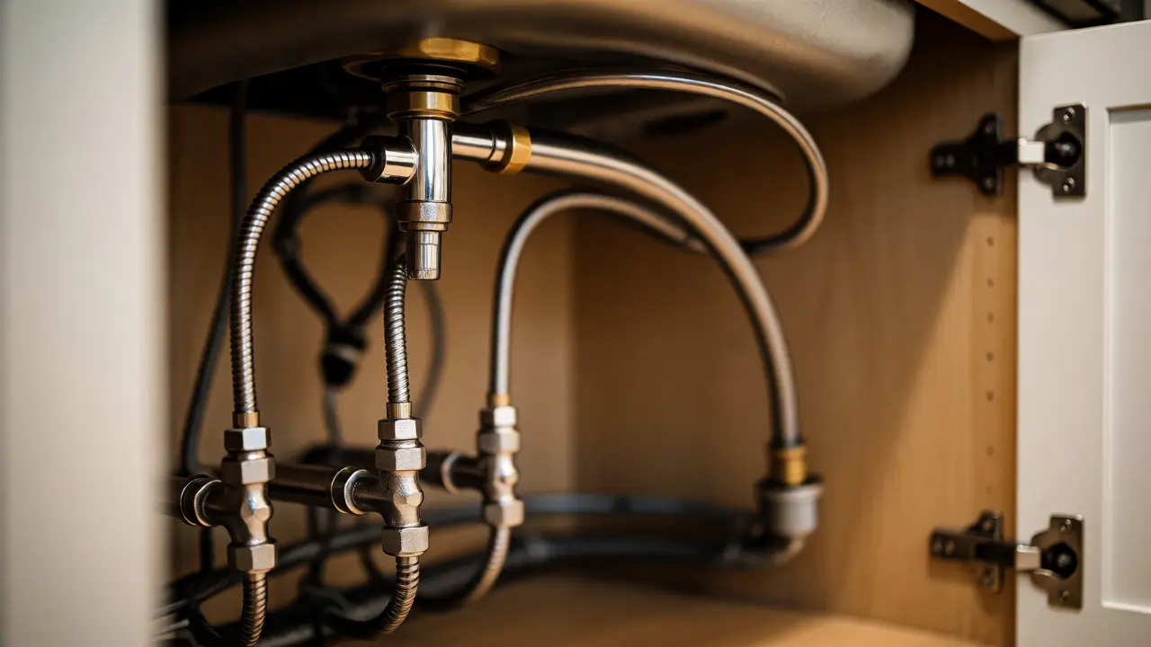 Ordentliche Installation von Eckventilen und Schläuchen unter der Küchenspüle im Schrank.