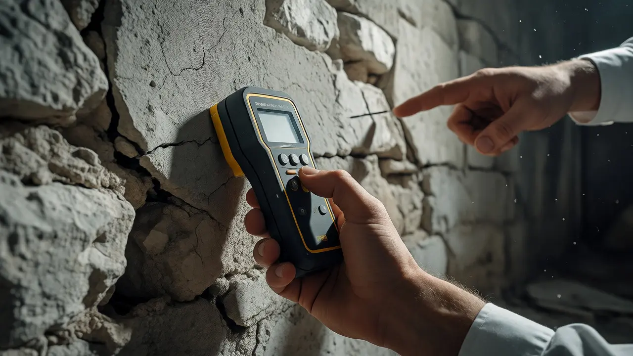 Professionelle technische Prüfung einer Immobilie mit Feuchtigkeitsmessgerät und Rissanalyse.