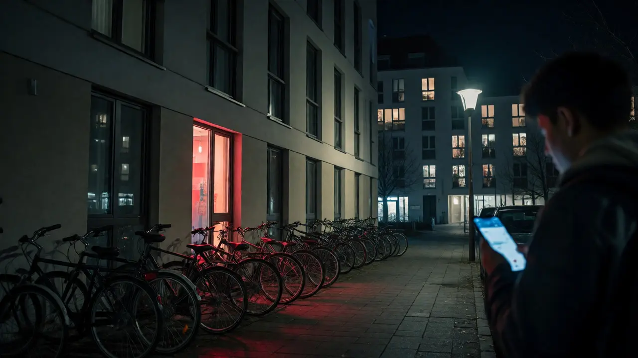 Student sucht nachts per Smartphone nach Wohnraum in einer deutschen Universitätsstadt.