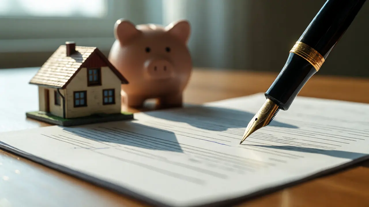 Unterschrift auf Immobilienvertrag neben Sparschwein