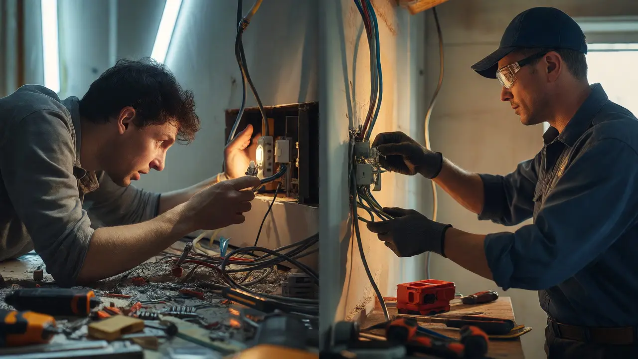 Vergleich zwischen chaotischem Elektro-DIY-Versuch und professioneller Elektriker-Arbeit im Haus.